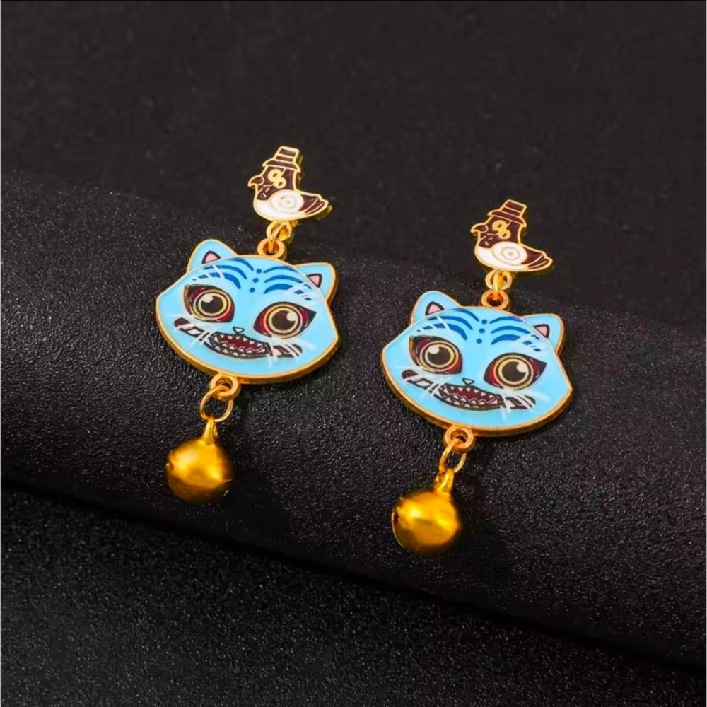 KPOP Demon Hunter Derpy Tiger Magpie Earrings w/ Jingle Bell Handmade Hypoallerg